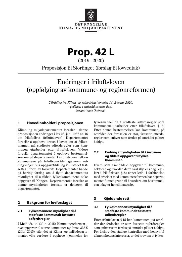 Forsiden av dokumentet Prop. 42 L (2019–2020)