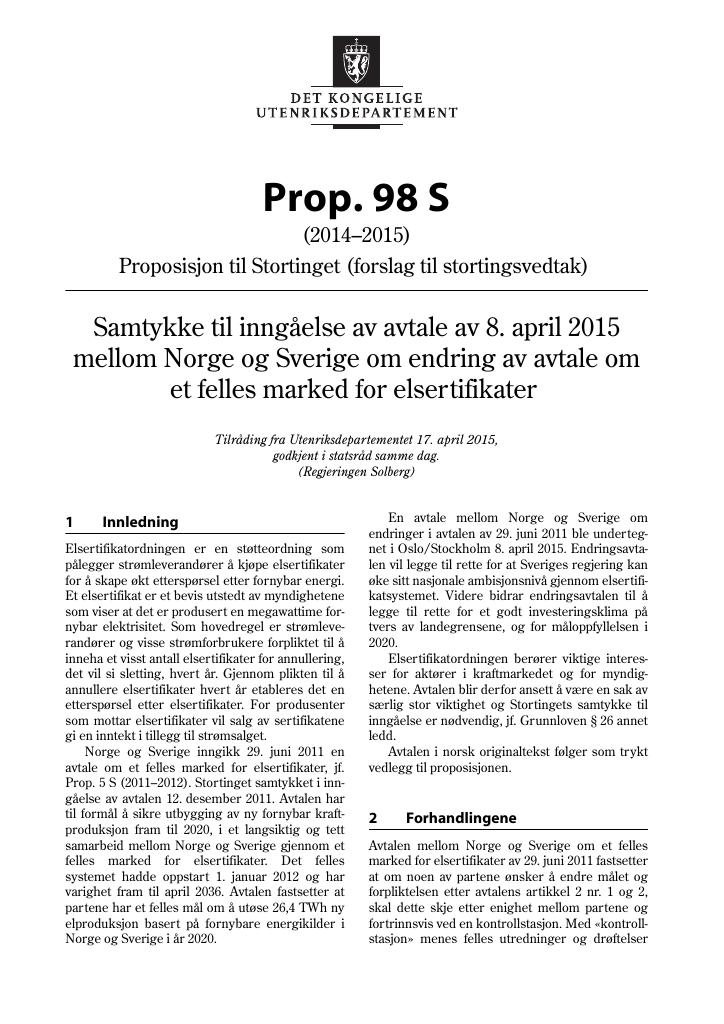 Forsiden av dokumentet Prop. 98 S (2014-2015)