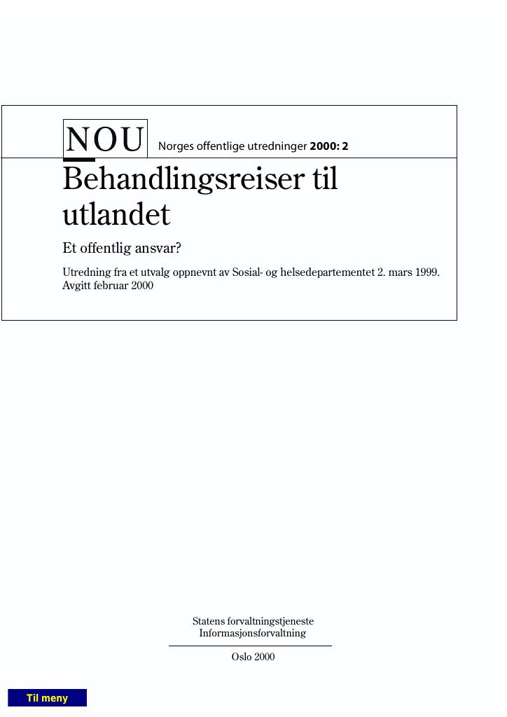 Forsiden av dokumentet NOU 2000: 2 - Behandlingsreiser til utlandet