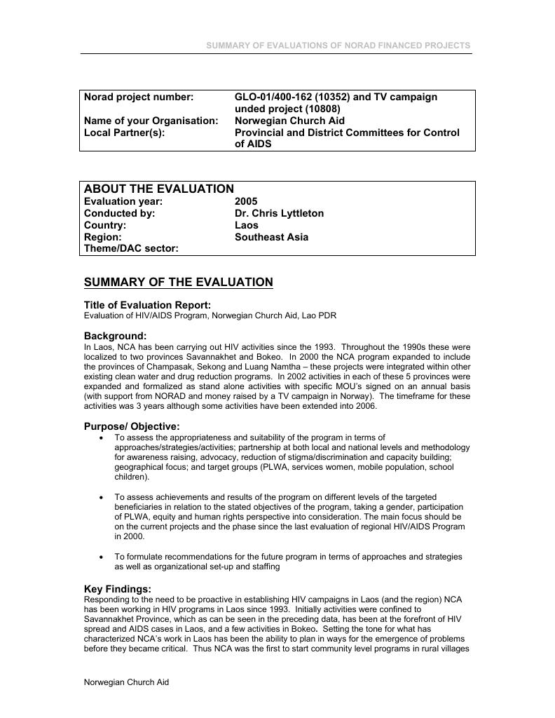 Forsiden av dokumentet Evaluation of HIV/AIDS Program, Norwegian Church Aid, Lao PDR
