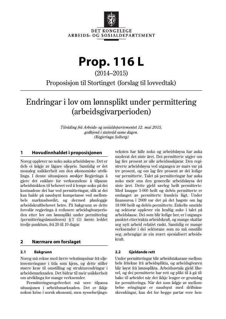 Forsiden av dokumentet Prop. 116 L (2014-2015)