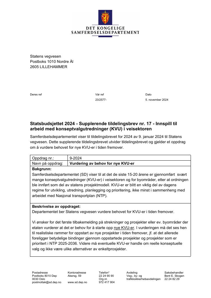 Forsiden av dokumentet Tildelingsbrev Statens vegvesen 2024 - tillegg nr. 17