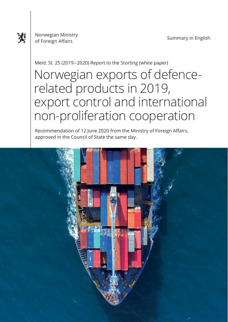 Forsiden av dokumentet Meld. St. 25 (2019-2020) - Norwegian exports of defence-related products in 2019, export control and international non-proliferation cooperation