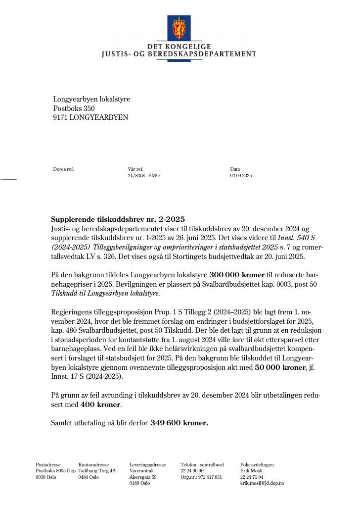 Forsiden av dokumentet Tilskuddsbrev Longyearbyen lokalstyre 2025 - tillegg nr. 2