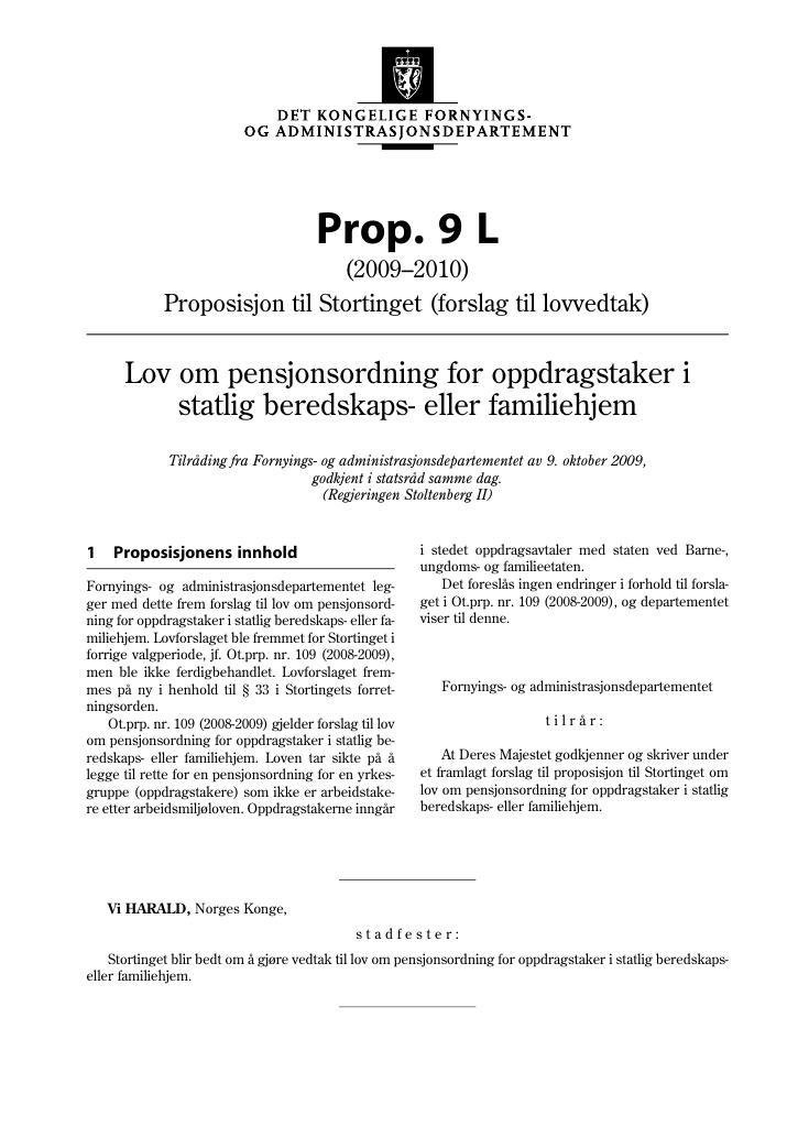 Forsiden av dokumentet Prop. 9 L (2009-2010)