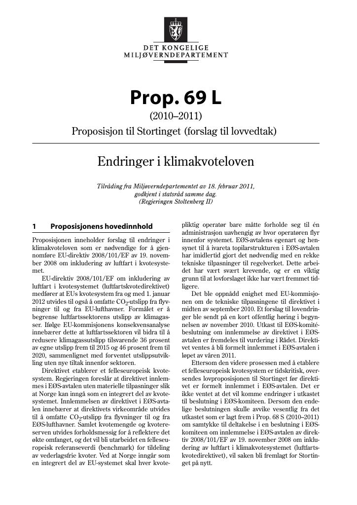 Forsiden av dokumentet Prop. 69 L (2010–2011)