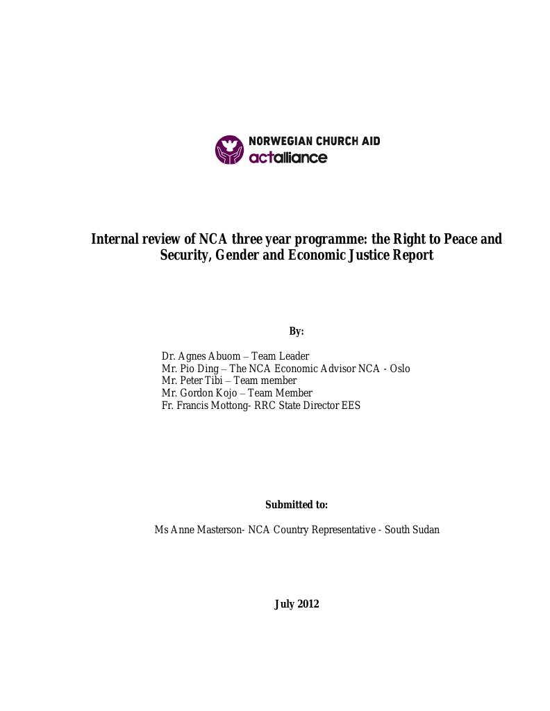 Forsiden av dokumentet Review of NCA three year programme; the Right to Peace and Security, Gender and Economic Justice Report