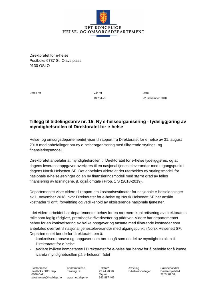 Forsiden av dokumentet Tildelingsbrev Direktoratet for e-helse 2022 - tillegg nr. 15