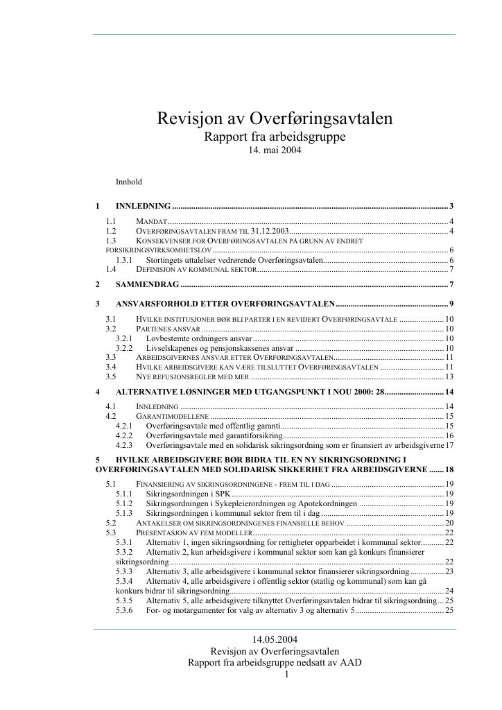 Forsiden av dokumentet Revisjon av Overføringsavtalen