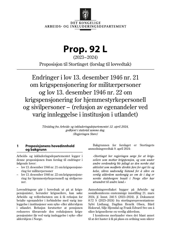 Forsiden av dokumentet Prop. 92 L (2023–2024)