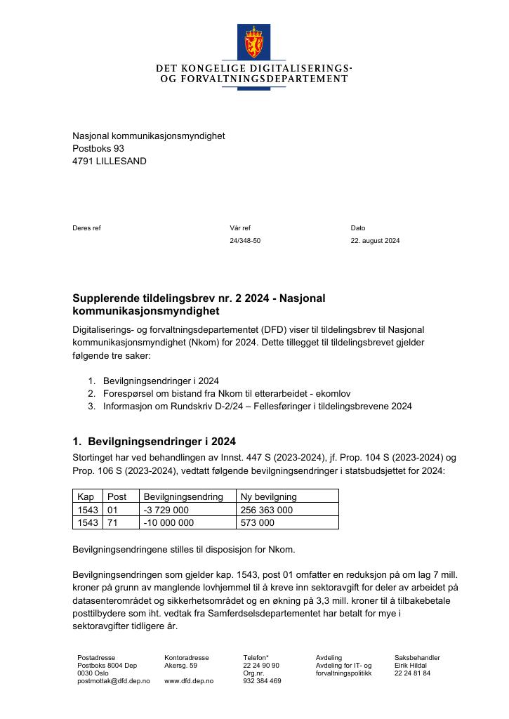 Forsiden av dokumentet Tildelingsbrev Nkom 2024 - tillegg nr. 2