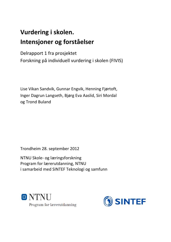Forsiden av dokumentet Vurdering i skolen - Intensjoner og forståelser