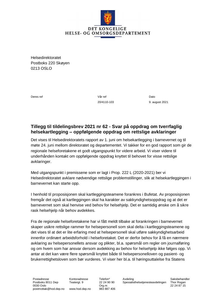 Forsiden av dokumentet Tillegg til tildelingsbrev 2021 nr 62