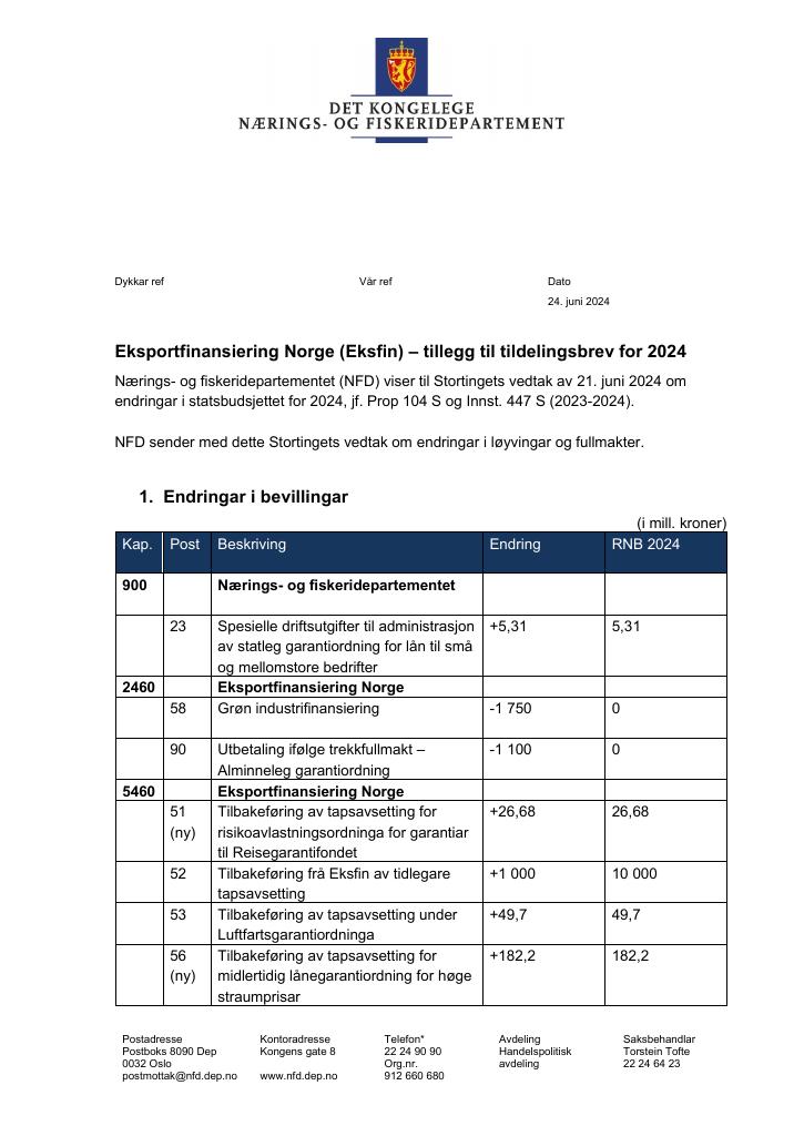 Forsiden av dokumentet Tildelingsbrev Eksportfinansiering Norge (Eksfin) 2024) - tillegg