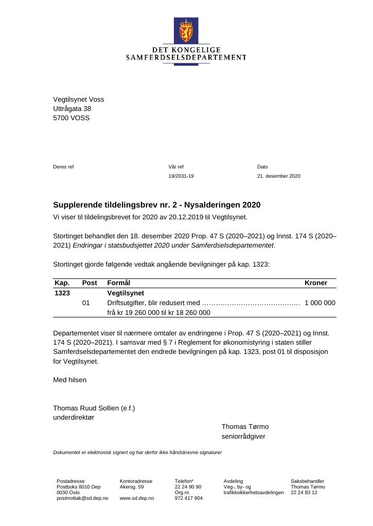 Forsiden av dokumentet Supplerende tildelingsbrev nr. 2 - Nysalderingen 2020