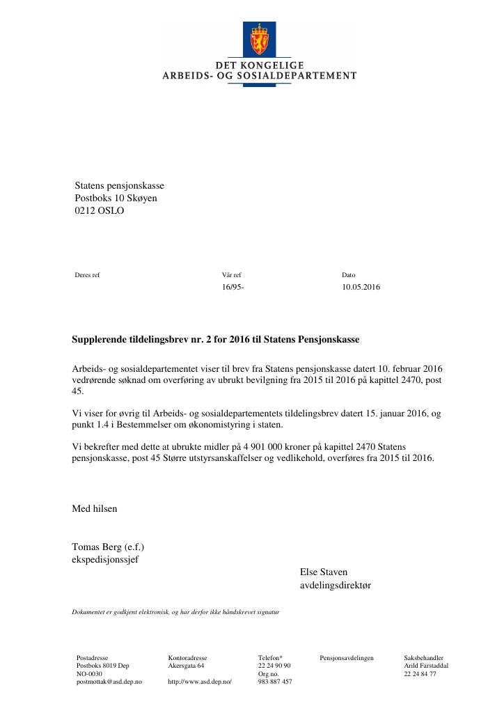 Forsiden av dokumentet Tildelingsbrev Statens pensjonskasse 2016 - tillegg nr. 2