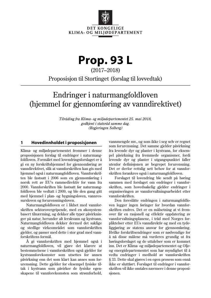 Forsiden av dokumentet Prop. 93 L (2017–2018)