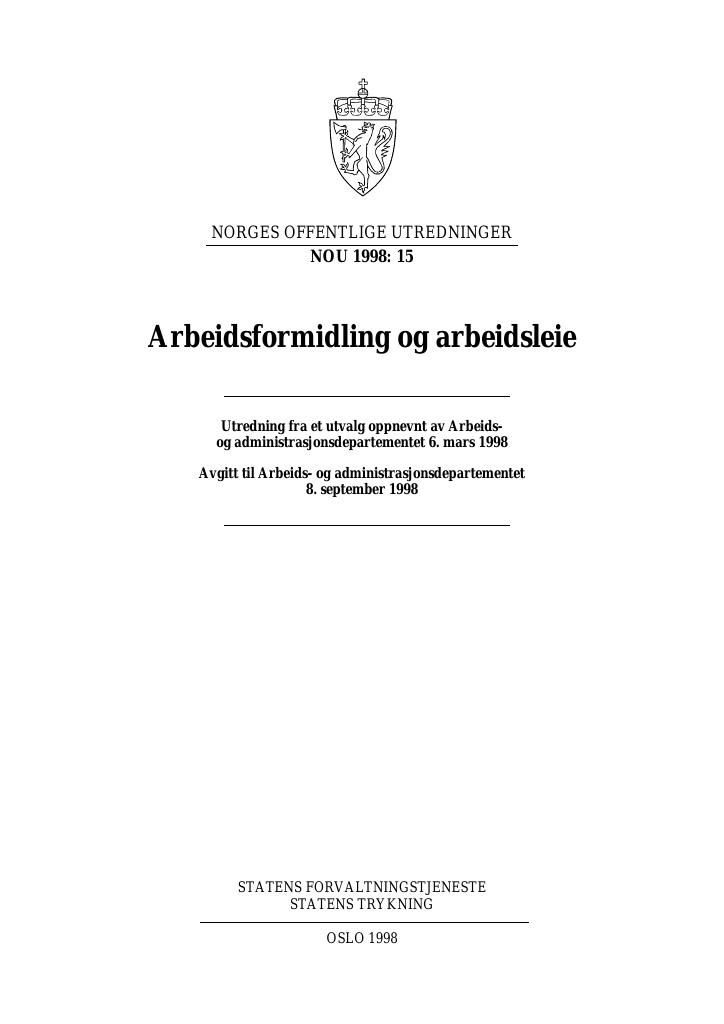 Forsiden av dokumentet NOU 1998: 15 - Arbeidsformidling og arbeidsleie