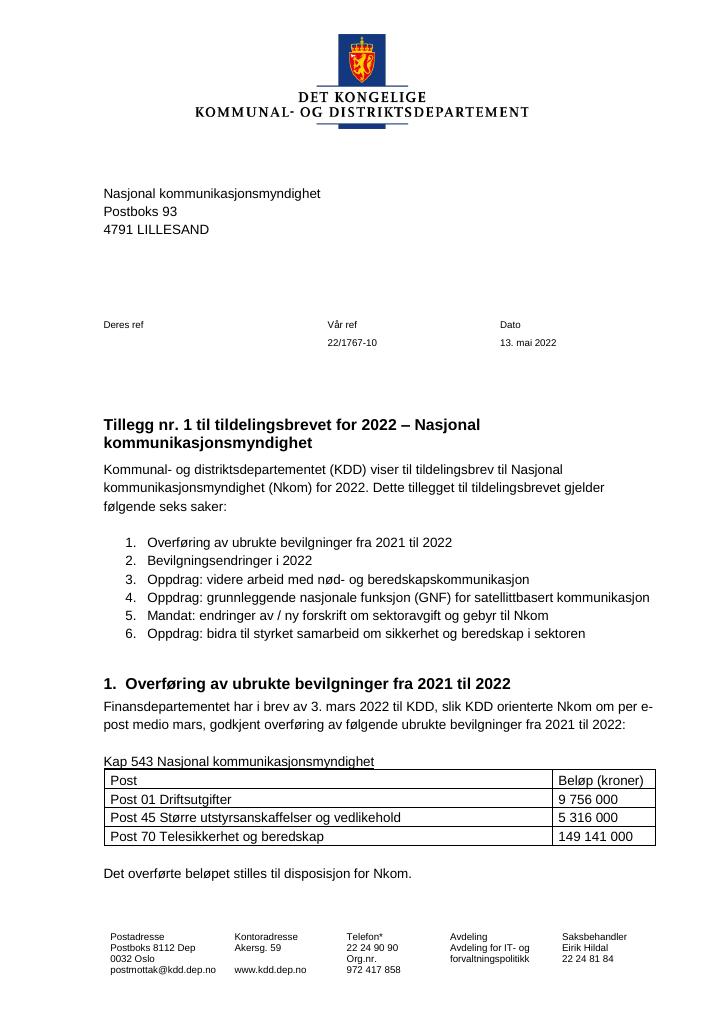 Forsiden av dokumentet Tildelingsbrevet Nasjonal kommunikasjonsmyndighet 2022 - tillegg nr. 1