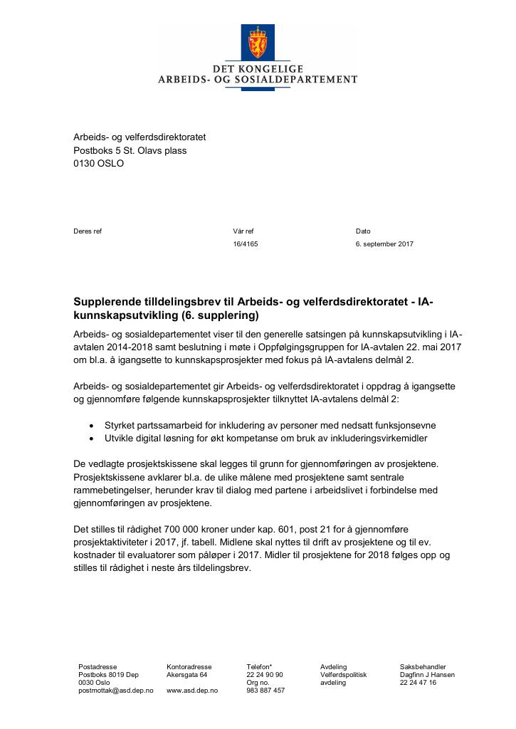 Forsiden av dokumentet supplerende tildelingsbrev nr. 6 (PDF)