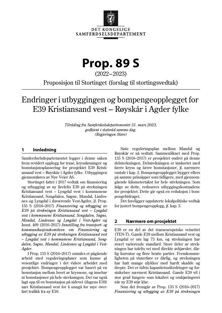 Forsiden av dokumentet Prop. 89 S (2022–2023)