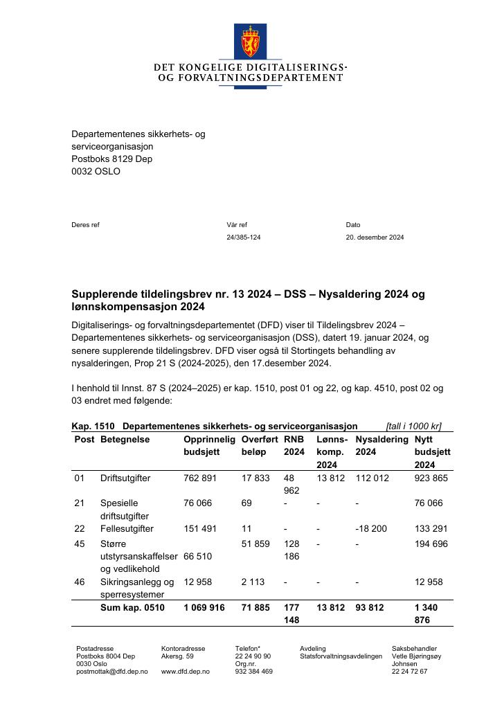 Forsiden av dokumentet Tildelingsbrev Departementenes sikkerhets- og serviceorganisasjon 2024 - tillegg nr. 13