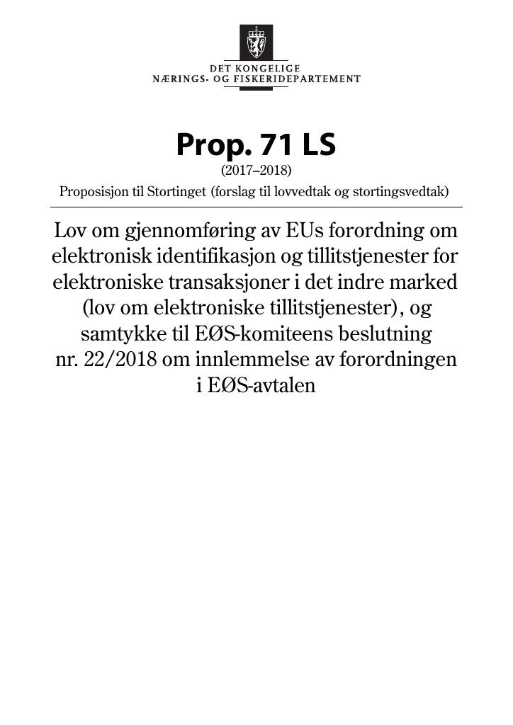 Forsiden av dokumentet Prop. 71 LS (2017–2018)