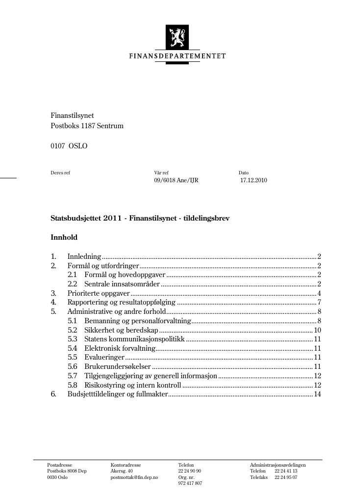 Forsiden av dokumentet Tildelingsbrev (pdf)