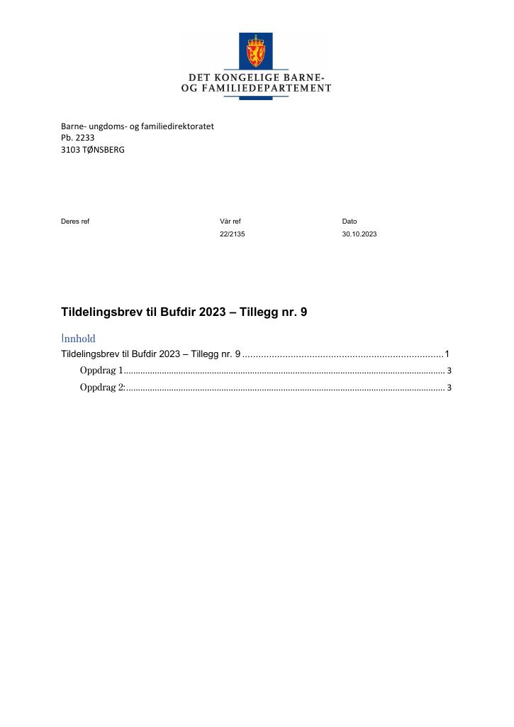 Forsiden av dokumentet Tildelingsbrev Bufdir 2023 - tillegg nr. 9
