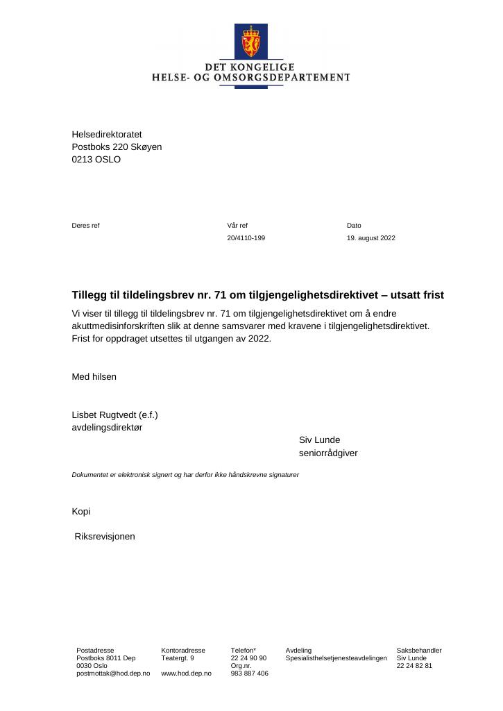 Forsiden av dokumentet Tildelingsbrev Helsedirektoratet 2021 - tillegg nr. 71
