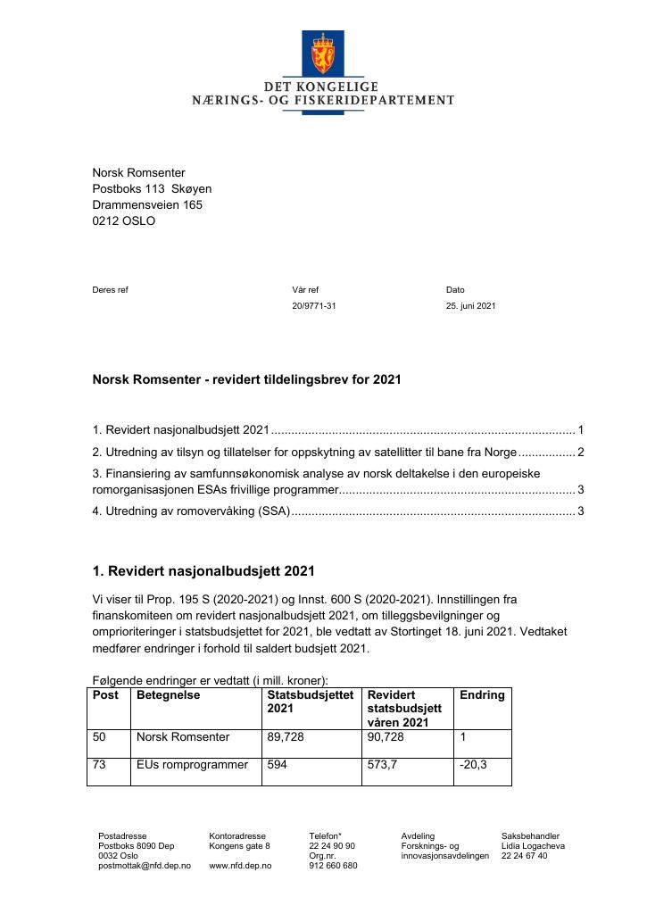 Forsiden av dokumentet Tildelingsbrev Norsk romsenter 2021 - revidert