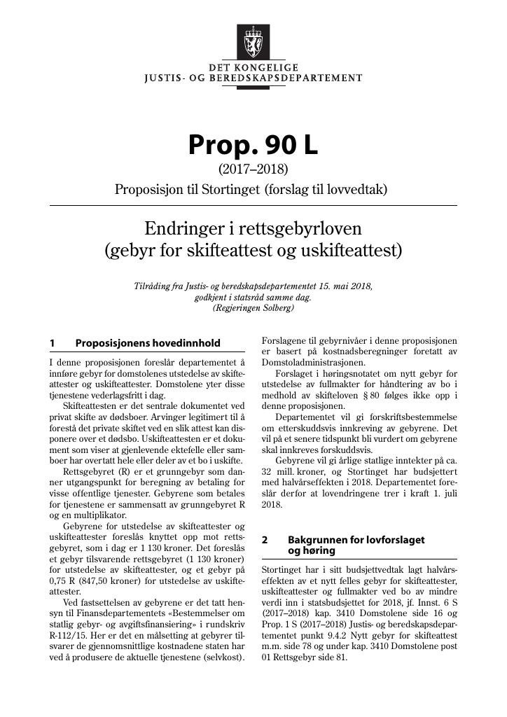 Forsiden av dokumentet Prop. 90 L (2017–2018)