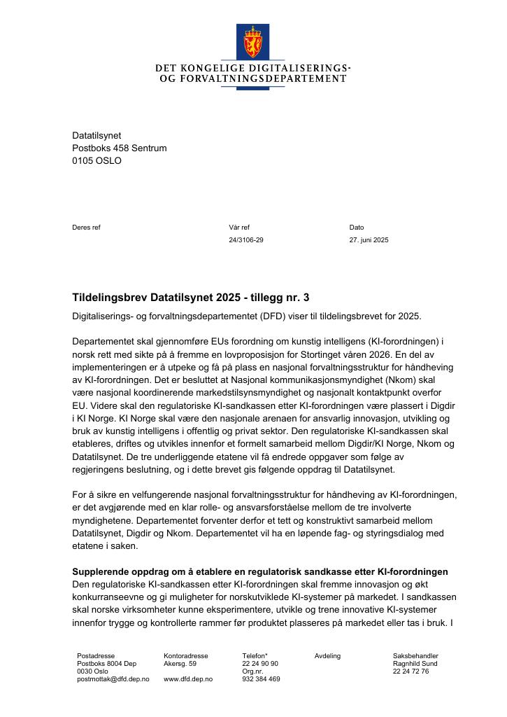 Forsiden av dokumentet Tildelingsbrev Datatilsynet 2025 - tillegg nr. 3