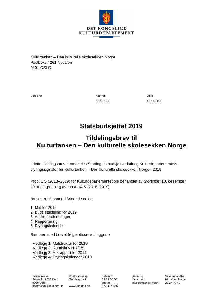 Forsiden av dokumentet Tildelingsbrev Kulturtanken - Den kulturelle skolesekken 2019