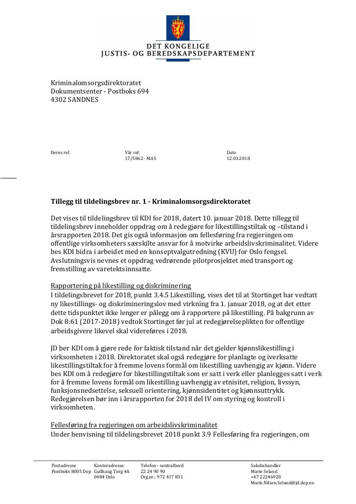 Forsiden av dokumentet Tildelingsbrev Kriminalomsorgsdirektoratet 2018 - tillegg nr. 1