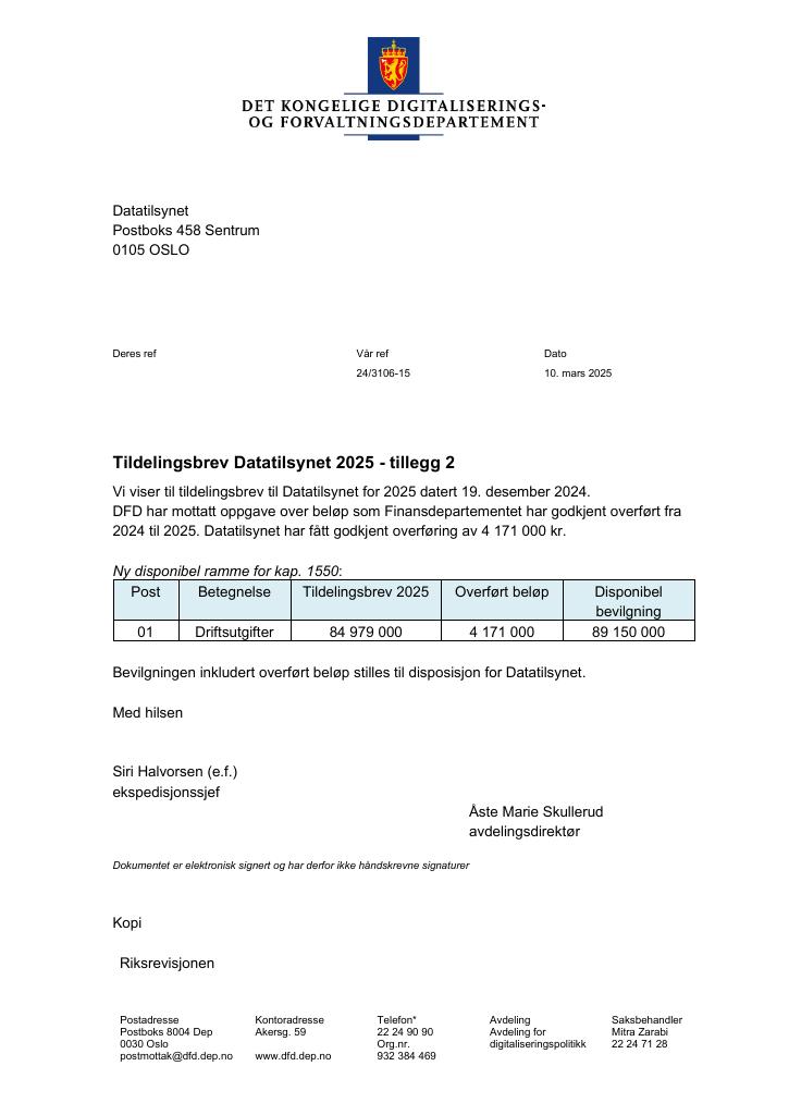Forsiden av dokumentet Tildelingsbrev Datatilsynet 2025 - tillegg nr. 2