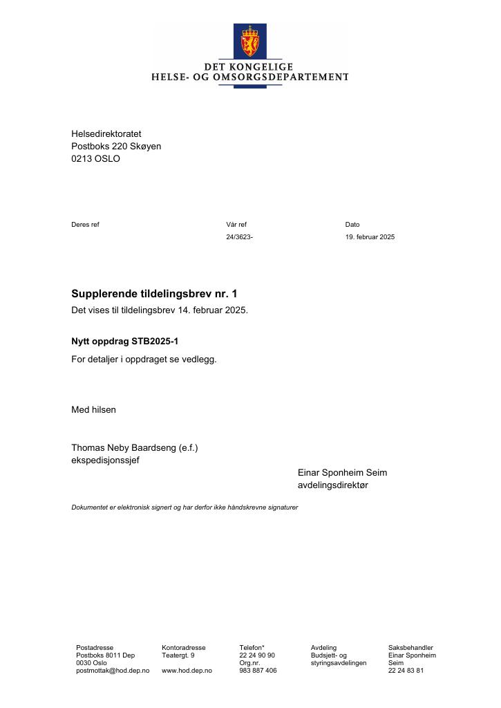 Forsiden av dokumentet Tildelingsbrev Helsedirektoratet 2025 - tillegg nr. 1