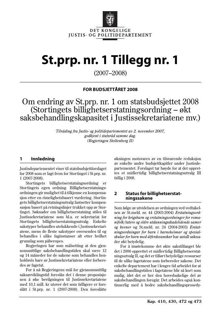 Forsiden av dokumentet St.prp nr. 1 Tillegg nr. 1 (2007-2008)
