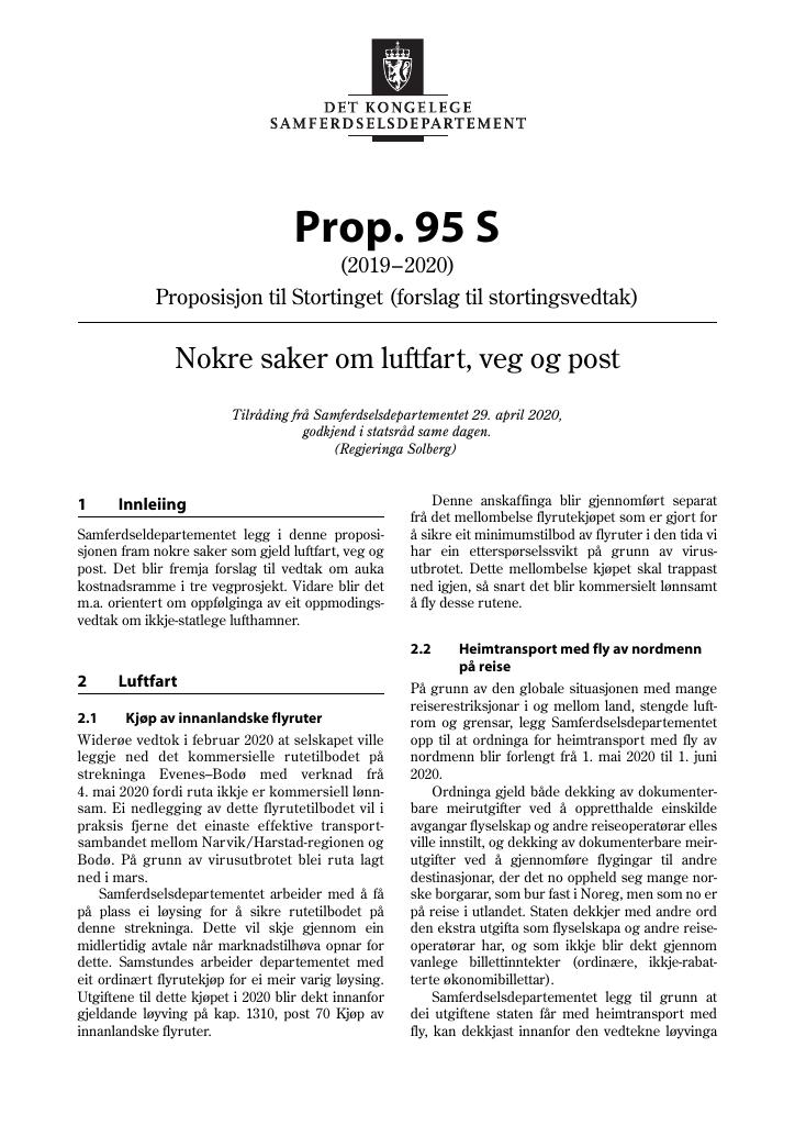 Forsiden av dokumentet Prop. 95 S (2019–2020)