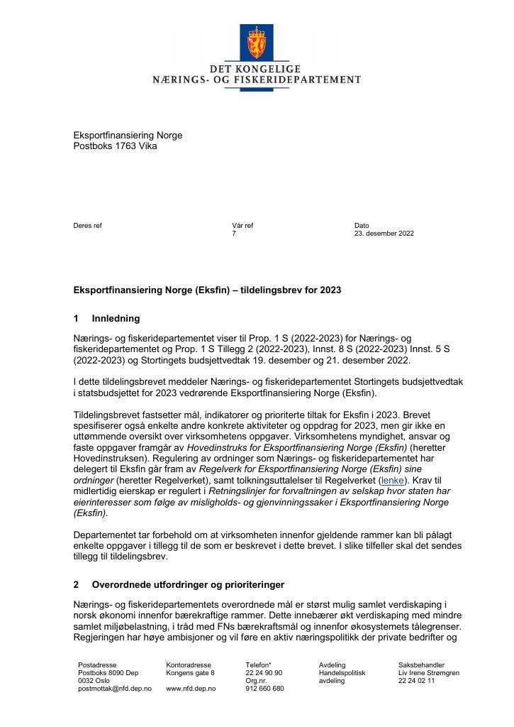 Forsiden av dokumentet Tildelingsbrev Eksportfinansiering Norge 2023