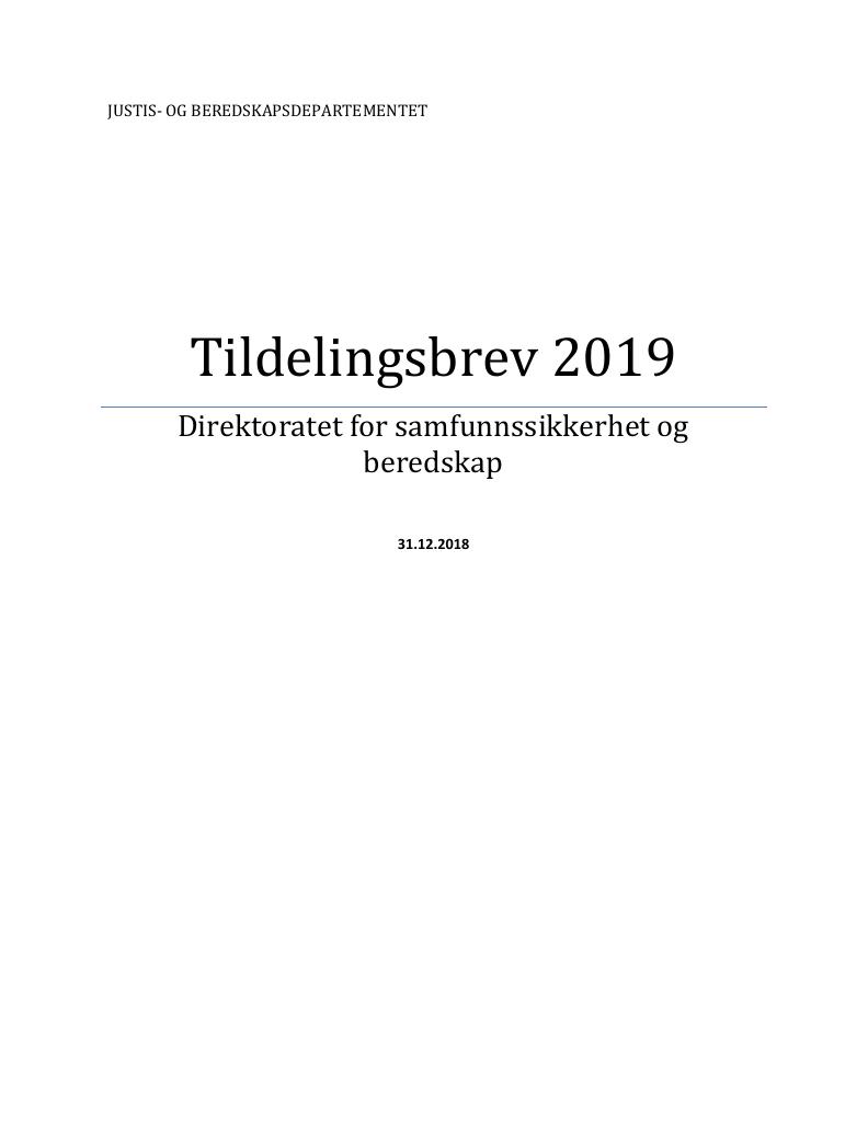 Forsiden av dokumentet Tildelingsbrev Direktoratet for samfunnssikkerhet og beredskap 2019