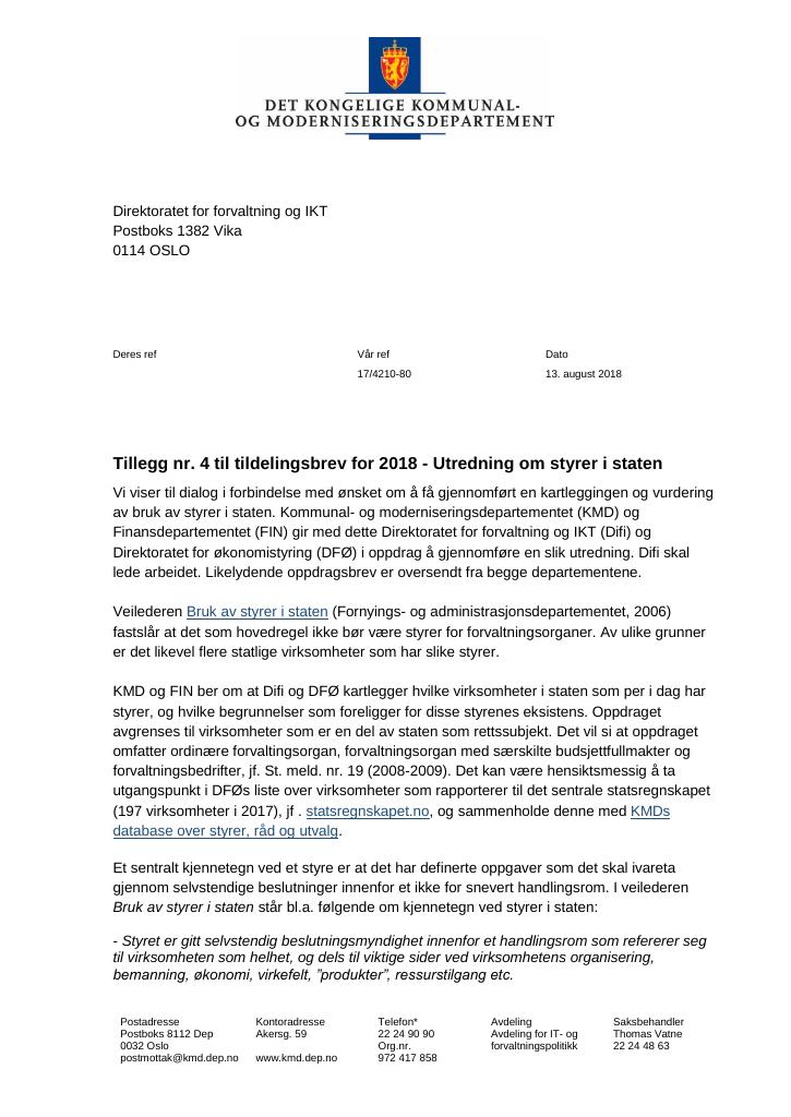 Forsiden av dokumentet Tildelingsbrev Digdir 2018 - tillegg nr. 4