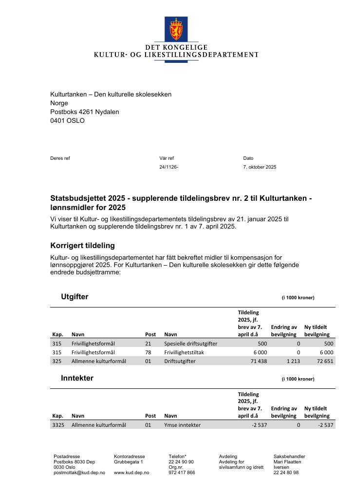 Forsiden av dokumentet Tildelingsbrev Kulturtanken - Den kulturelle skolesekken 2025 - tillegg nr. 2