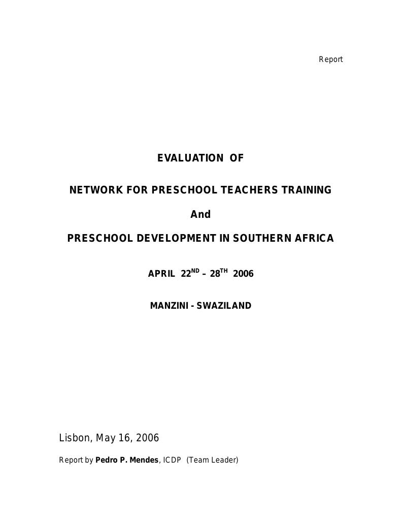 Forsiden av dokumentet Network for preschool teachers training and Preschool development in Southern Africa, Pentecostal Foreign Mission of Norway, Swaziland