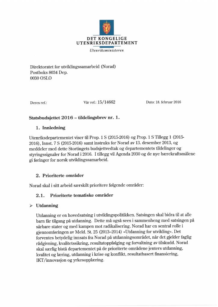 Forsiden av dokumentet Tildelingsbrev no. 1 (pdf)