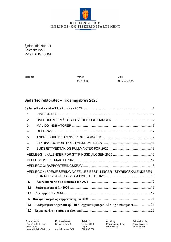 Forsiden av dokumentet Tildelingsbrev Sjøfartsdirektoratet 2025