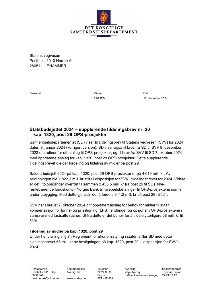 Forsiden av dokumentet Tildelingsbrev Statens vegvesen 2024 - tillegg nr. 20