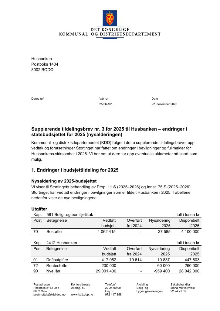 Forsiden av dokumentet Tildelingsbrev Husbanken 2025 - tillegg nr. 3