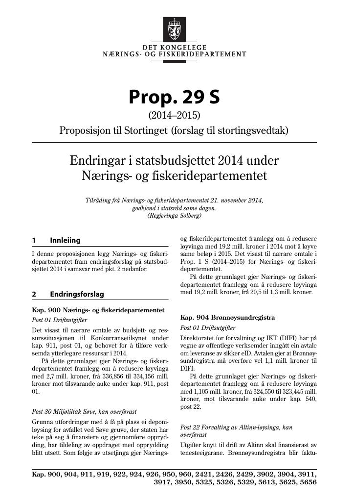 Forsiden av dokumentet Prop. 29 S (2014–2015)