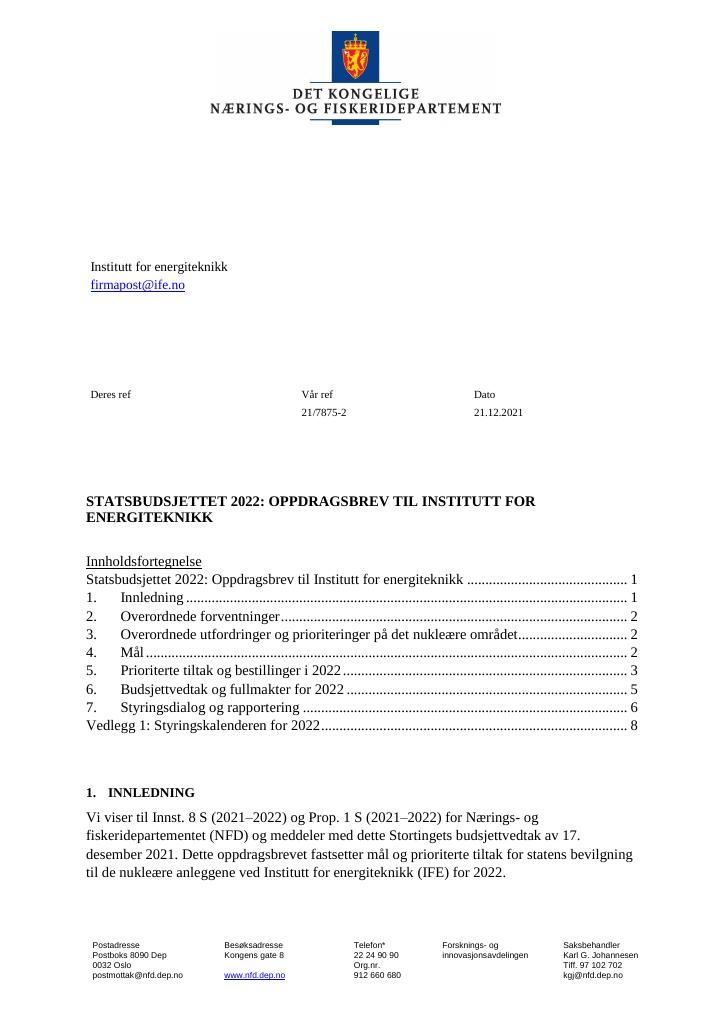 Forsiden av dokumentet Oppdragsbrev Institutt for energiteknikk 2022